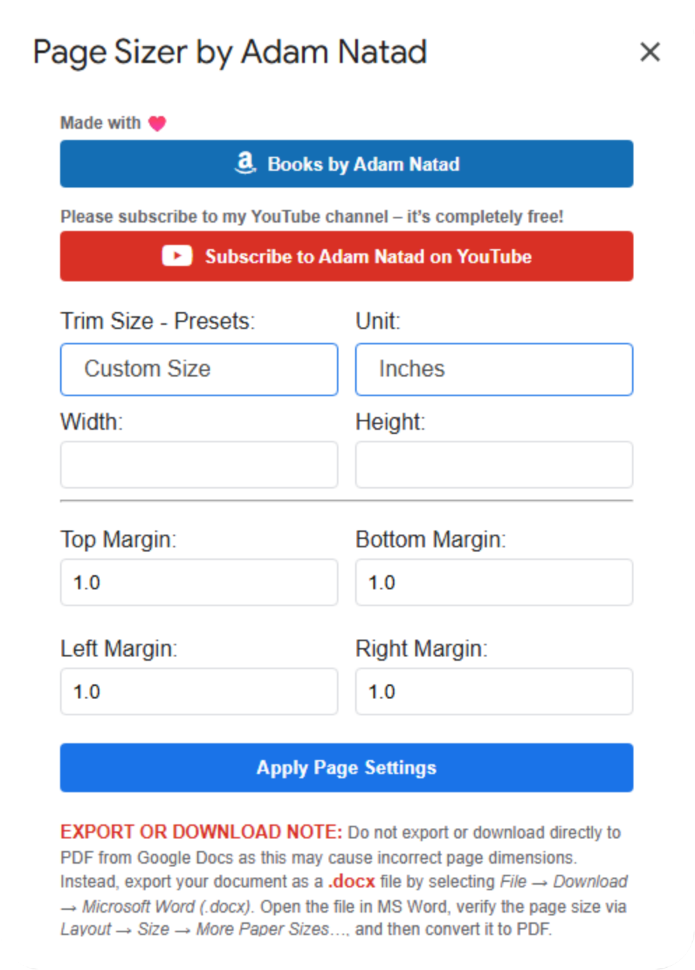 Page Size Dialog - Start Dialog
