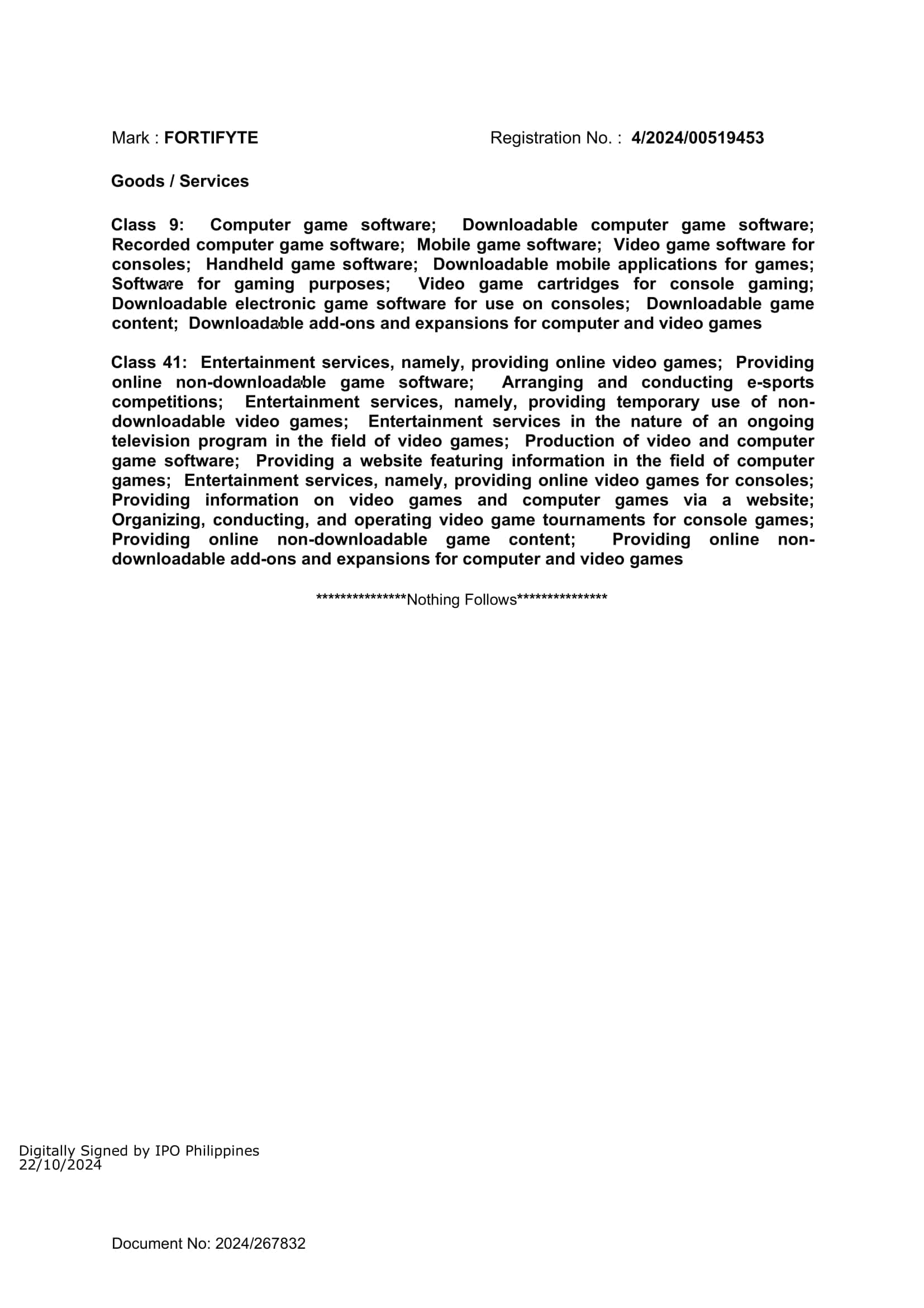 FortiFyte Trademark Certificate Page 2