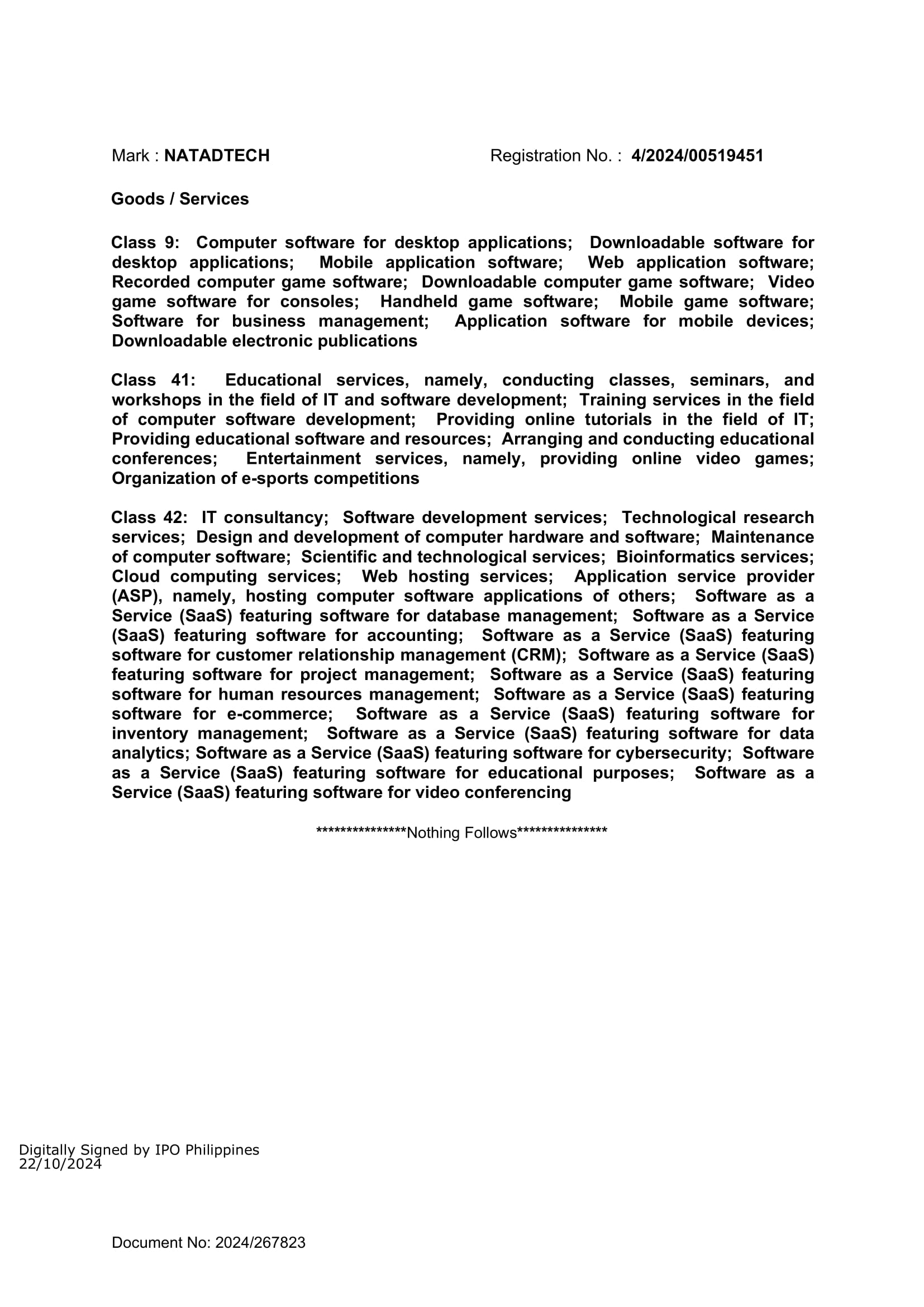 NatadTech Trademark Certificate Page 2